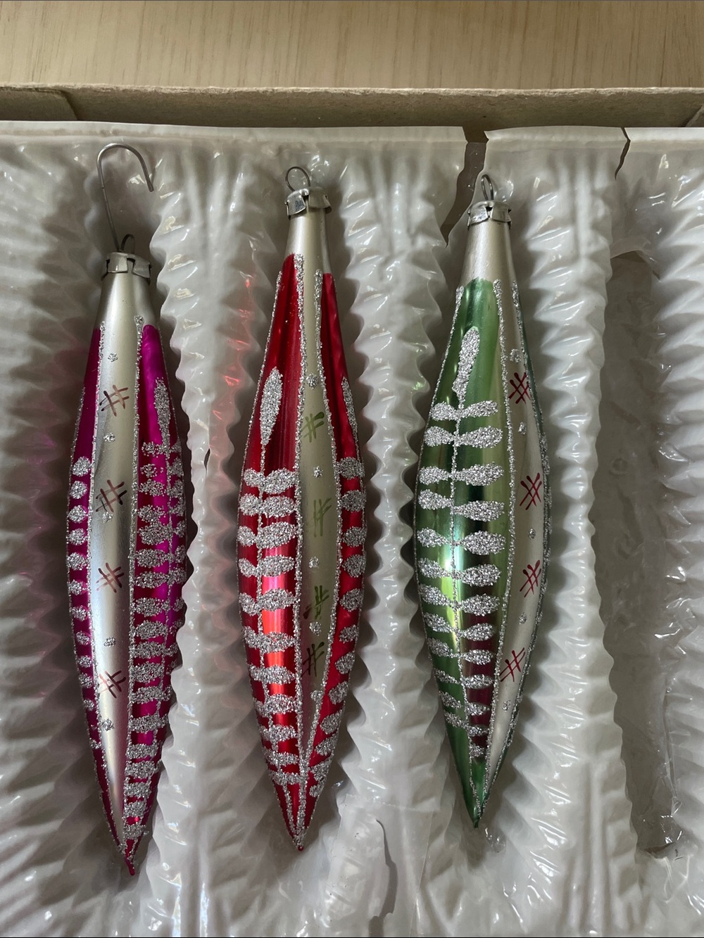 Set of Pink, Red & Green Glass Christmas Hanging Ornaments vintage chistmas rom